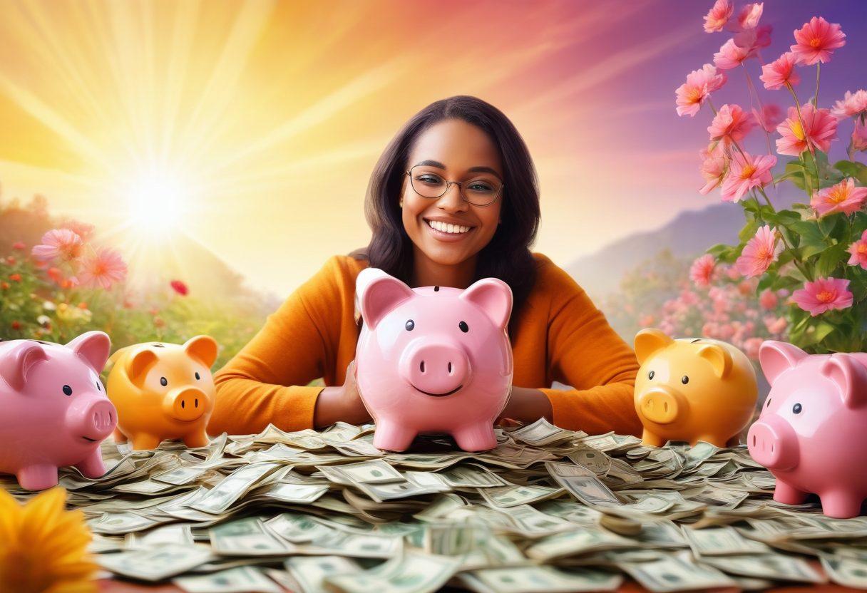 A vibrant, uplifting scene depicting a smiling individual surrounded by symbols of financial freedom such as overflowing piggy banks, stacks of money, and blooming plants representing growth. The background features a sun shining brightly, reflecting hope and joy in the pursuit of debt relief and financial independence. Incorporate harmonious colors and soft, inviting textures to enhance positivity. super-realistic. vibrant colors. bright background.