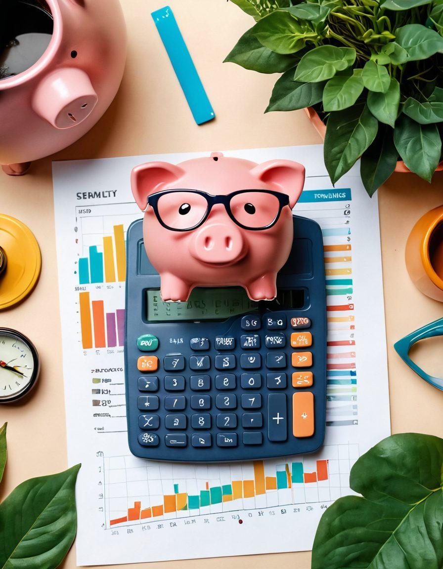 An eye-catching collage illustrating financial tools, including a calculator, piggy bank, and monthly budget planner, surrounded by flourishing plants symbolizing growth and wellness. In the background, subtle graphs and charts depicting upward trends in finances, creating a sense of stability and control over debt. warm color palette to evoke a feeling of security and optimism. vibrant colors. vector art.