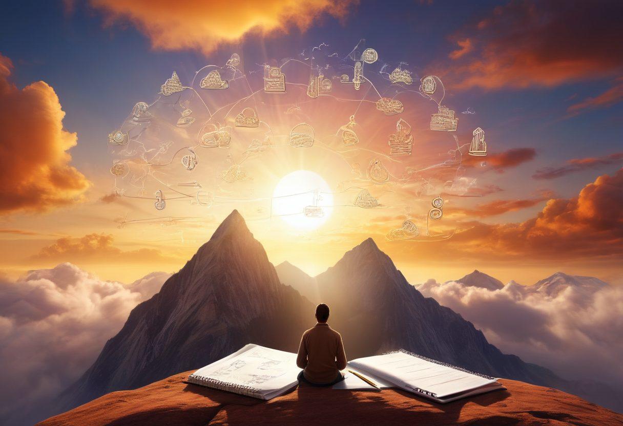 A serene landscape depicting a person standing on a mountain peak with a notebook, contemplating financial graphs and strategies sketched in the sky. Surrounding them are dollar signs made of clouds, symbolizing wealth creation and economic independence. The sun is setting in the background, casting golden hues, representing prosperity and hope. super-realistic. vibrant colors. 3D.